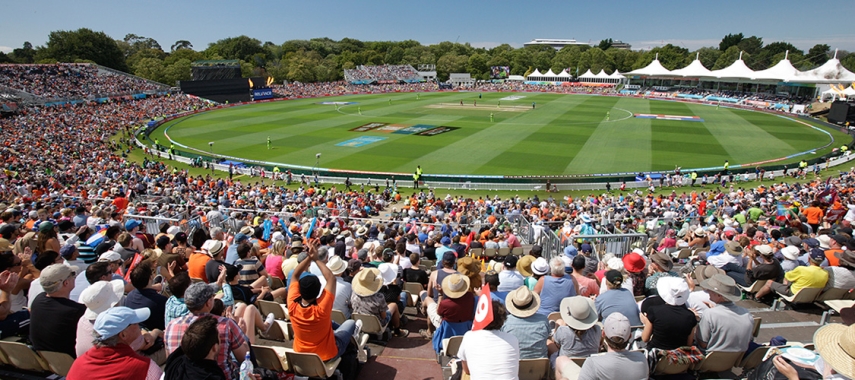 The Hagley Oval on cricket game day with a packed stadium. 