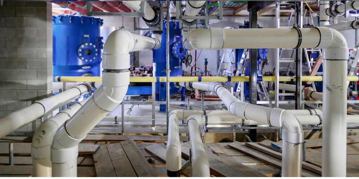 The pipes and water tanks of Matatiki Recreation and Sport centre during construction.