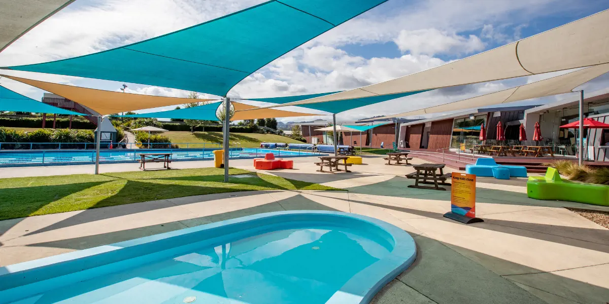 The brightly coloured pool deck at Te Hapua Halswell Summer pool.